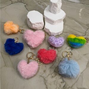 Fluffy Heart & Pom Pom Keychain Lot – 8 Pieces Colorful Faux Fur Bag Charms